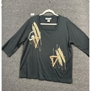 VTG Victoria Blouse Womens Size XL Black Geometric Print  USA MADE